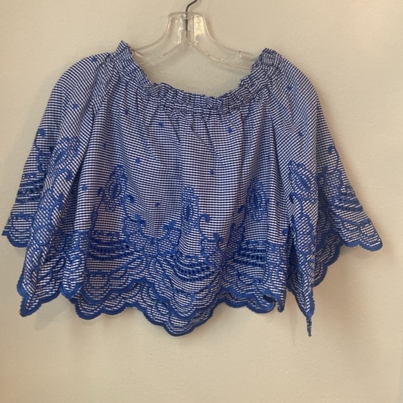 ALEXIS Blue/White Gingham Off Shoulder Embroidered Eilis Top - Picture 3 of 5